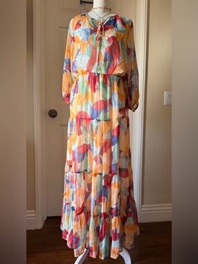 NWT Luna Skies Multicolor Leaf-Print Long Sleeve Tiered Maxi Dress size Small